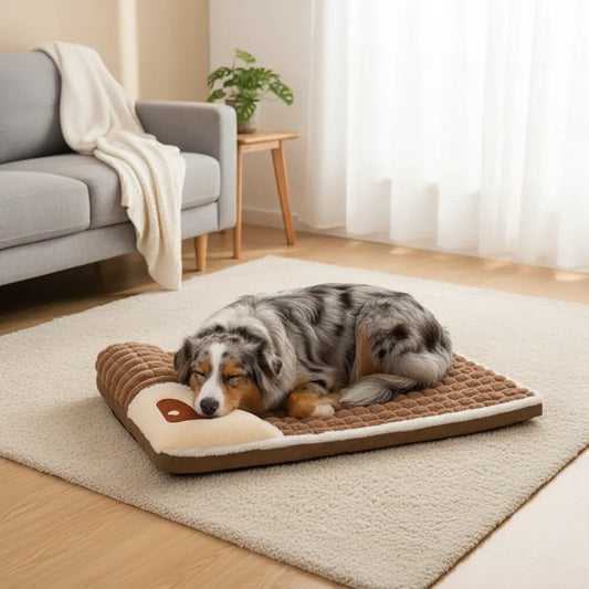 Coussin chien XXL mémoire de forme marron avec Berger Australien. Soutien orthopédique idéal pour chien senior, soulage le dos et les articulations.