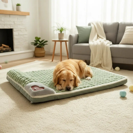 Coussin chien XXL mémoire de forme vert avec labrador, lit orthopédique grande taille qui soulage les articulations et améliore le confort du grand chien.