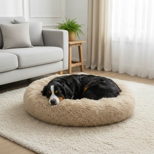 Coussin chien XXL pas cher beige crème, lit rond doux en peluche pour grand chien jusqu’à 30 kg dans un salon cosy.