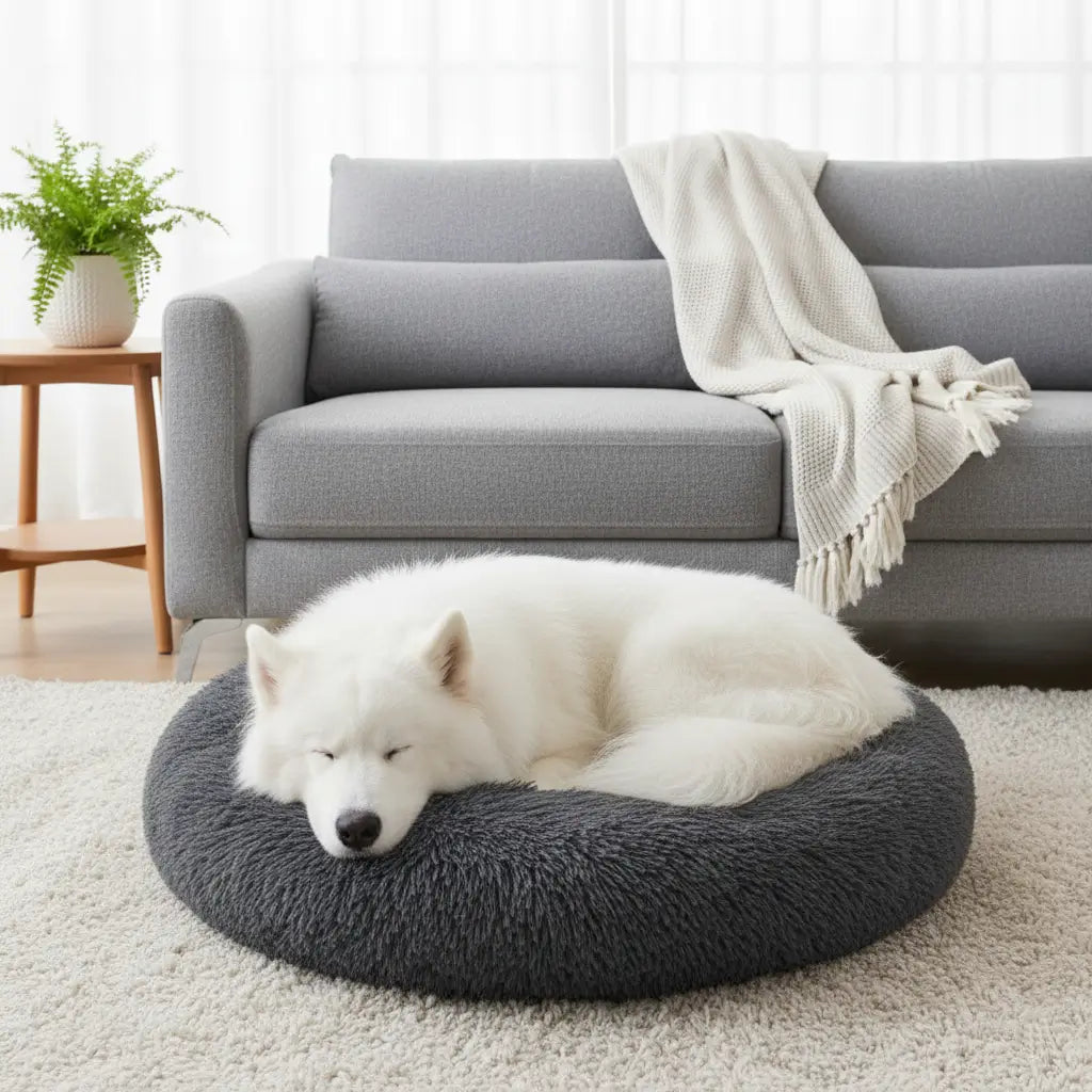 Coussin chien XXL pas cher gris anthracite, lit donut confortable pour grand chien, prix mini assuré.