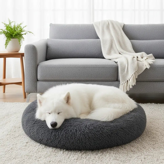 Coussin chien XXL pas cher gris anthracite, lit donut confortable pour grand chien, prix mini assuré.