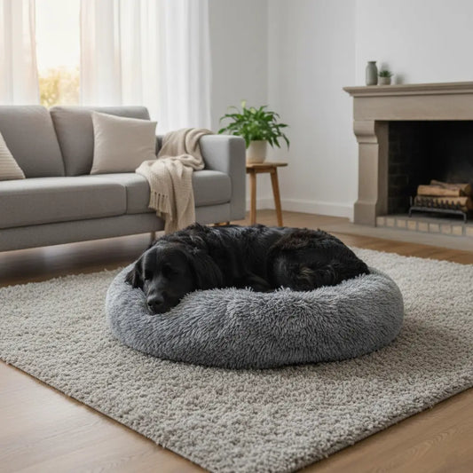 Coussin chien XXL pas cher gris chiné, lit donut lavable et économique pour grand chien dans un salon cosy.