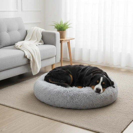 Coussin chien XXL pas cher gris clair, lit rond lavable en machine pour grand chien, confort abordable.