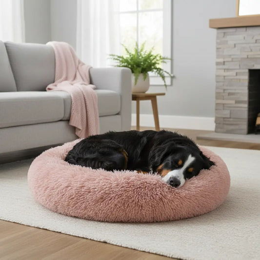 Coussin chien XXL pas cher rose poudré, lit rond moelleux en peluche pour grand chien à petit budget.