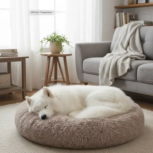 Coussin chien XXL pas cher taupe, lit rond doux en peluche pour grand chien, idéal petit budget. 