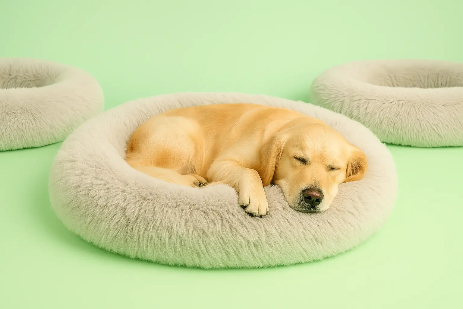 Chien allongé paisiblement dans un coussin XXL moelleux et confortable, idéal pour les grands chiens en quête de repos et de bien-être.