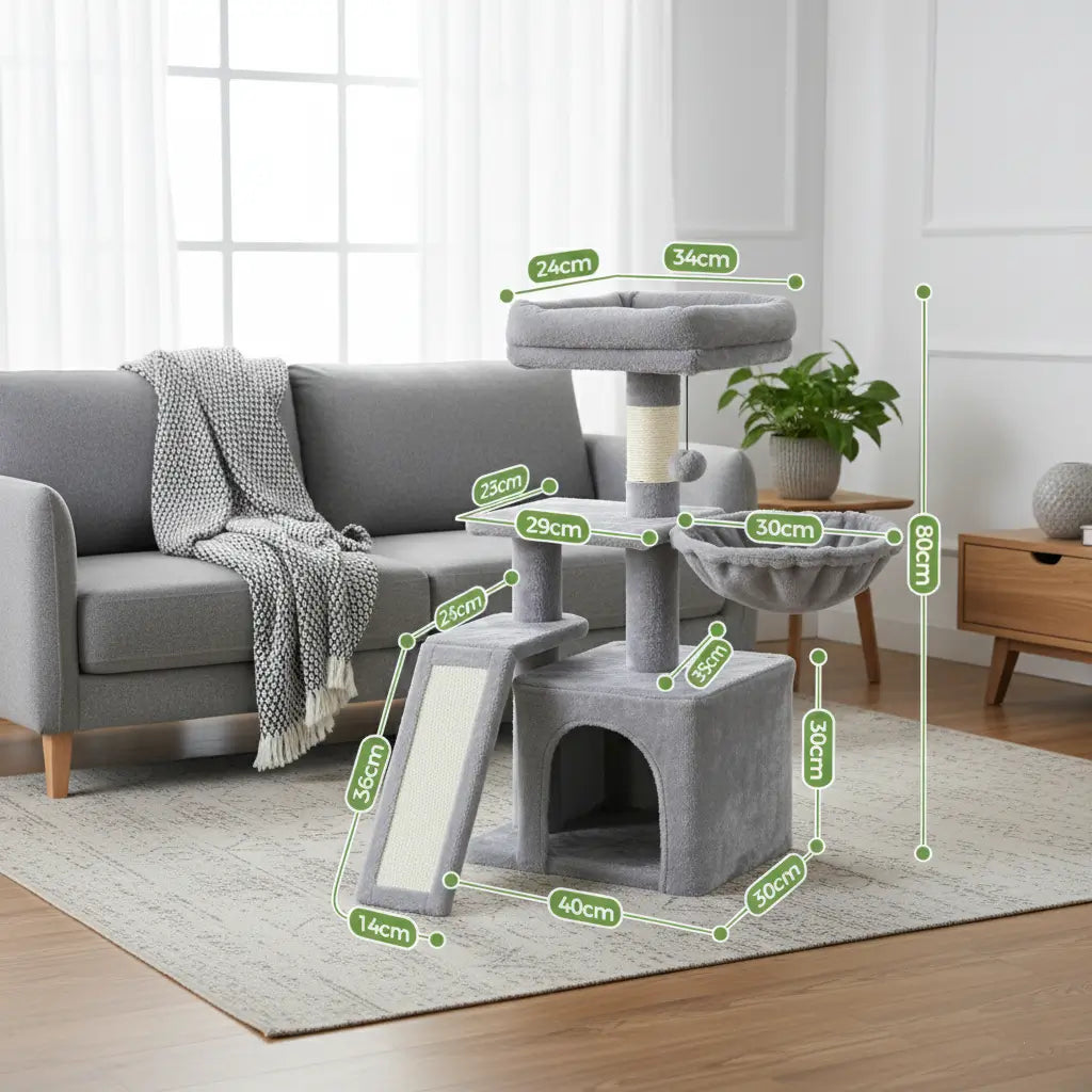 Dimensions de l’arbre à chat pas cher gris, modèle stable et design pour petit espace. Compact, facile à monter et idéal pour appartement moderne.