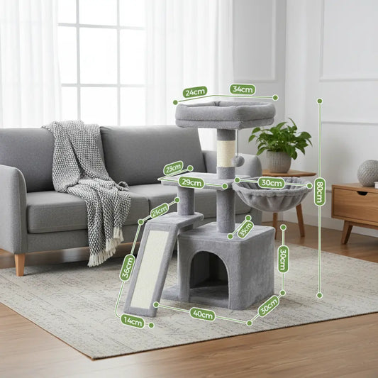Dimensions de l’arbre à chat pas cher gris, modèle stable et design pour petit espace. Compact, facile à monter et idéal pour appartement moderne.