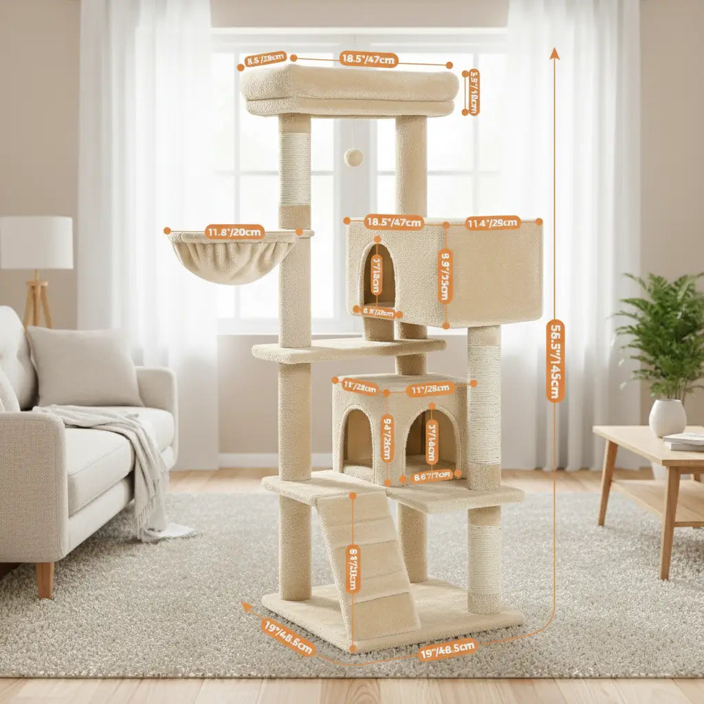 Dimensions complètes de l’arbre à chat XXL beige crème pour gros chats Maine Coon et Ragdoll, modèle stable de 143 cm avec hamac et perchoirs.