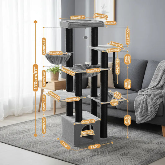 Dimensions du grand arbre à chat pour Maine Coon gris et noir, modèle XXL stable et robuste, parfait pour foyers multi-chats.