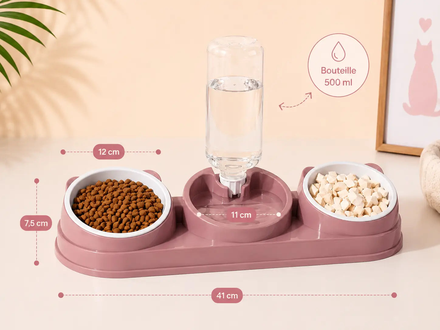 Dimensions de la gamelle chat avec distributeur d’eau 3 en 1 comprenant deux bols inclinés et une bouteille d’eau automatique de 500 ml pour chat et chaton