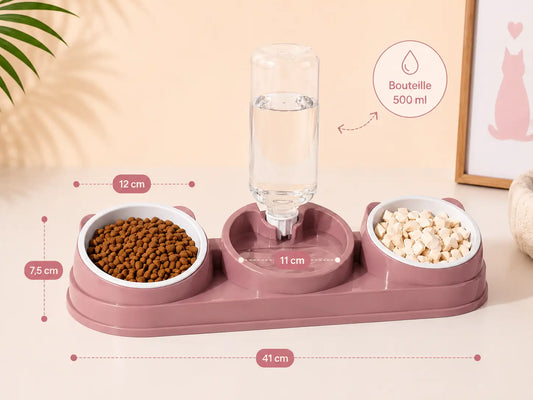 Dimensions de la gamelle chat avec distributeur d’eau 3 en 1 comprenant deux bols inclinés et une bouteille d’eau automatique de 500 ml pour chat et chaton