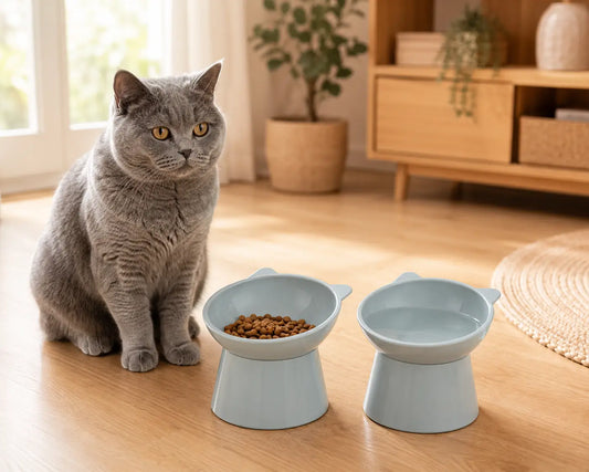 Duo de gamelles chat surélevées grises pour eau et croquettes créant un coin repas ergonomique pour chat d’intérieur