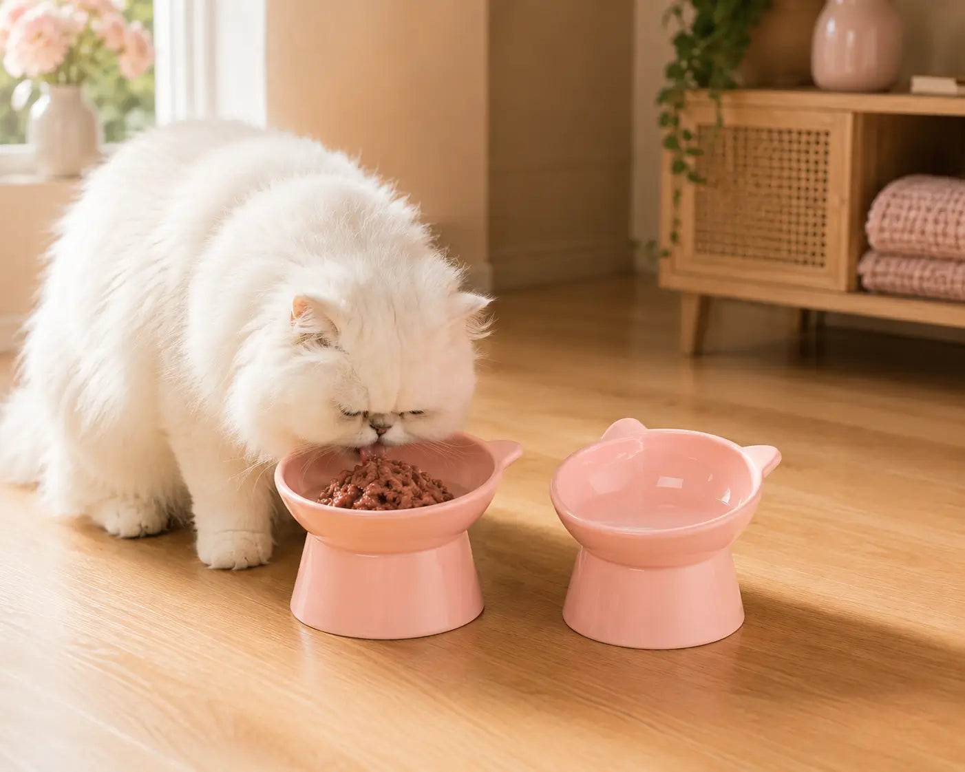Duo de gamelles chat surélevées roses avec eau et pâtée adapté aux chats à face plate comme le Persan