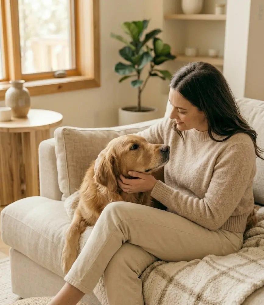 Femme caressant son chien Golden Retriever sur un canapé dans un salon lumineux, illustrant la complicité entre un pet parent et son animal