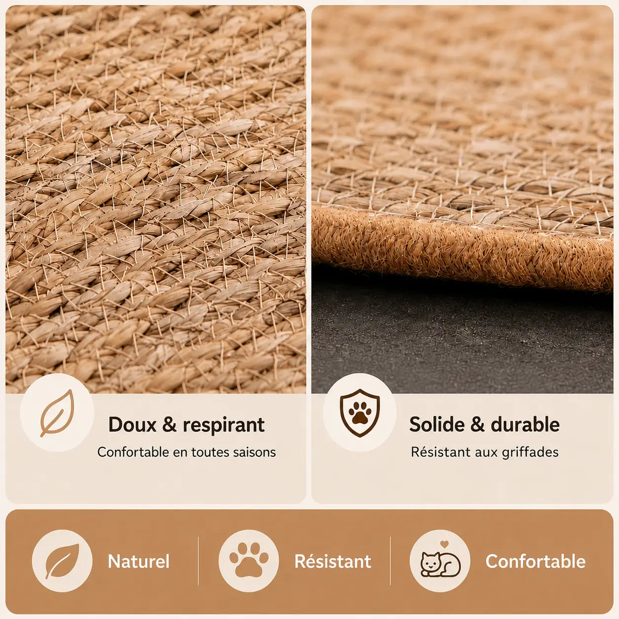 Zoom sur les fibres naturelles du tapis griffoir chaton montrant une texture douce au toucher, résistante aux griffades et conçue pour durer