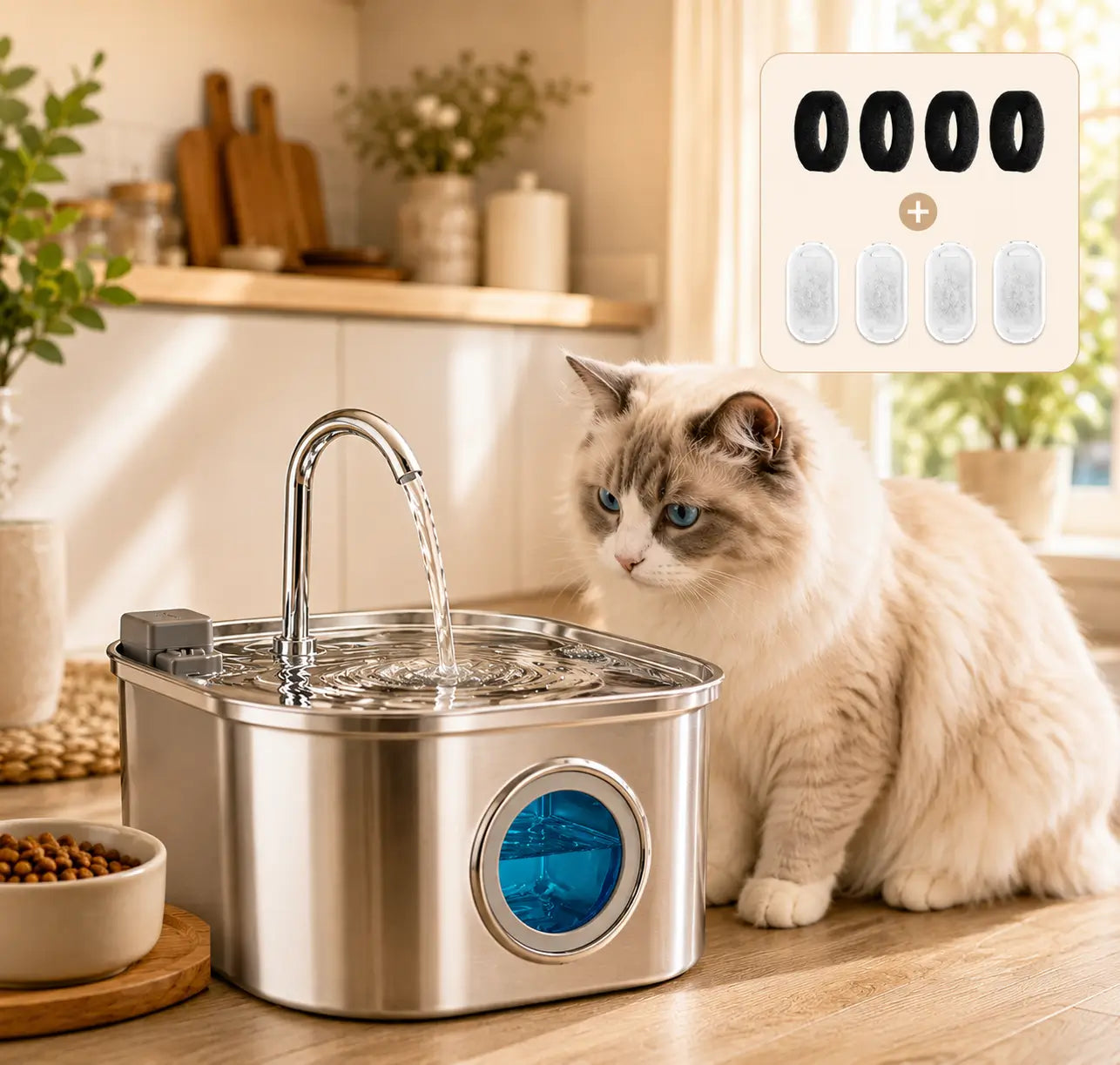 Fontaine à eau chat inox 3,2 litres avec 8 filtres inclus dans une cuisine cosy pour encourager l’hydratation quotidienne des chats d’intérieur