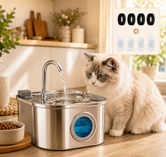 Fontaine à eau chat inox 3,2 litres avec 8 filtres inclus dans une cuisine cosy pour encourager l’hydratation quotidienne des chats d’intérieur