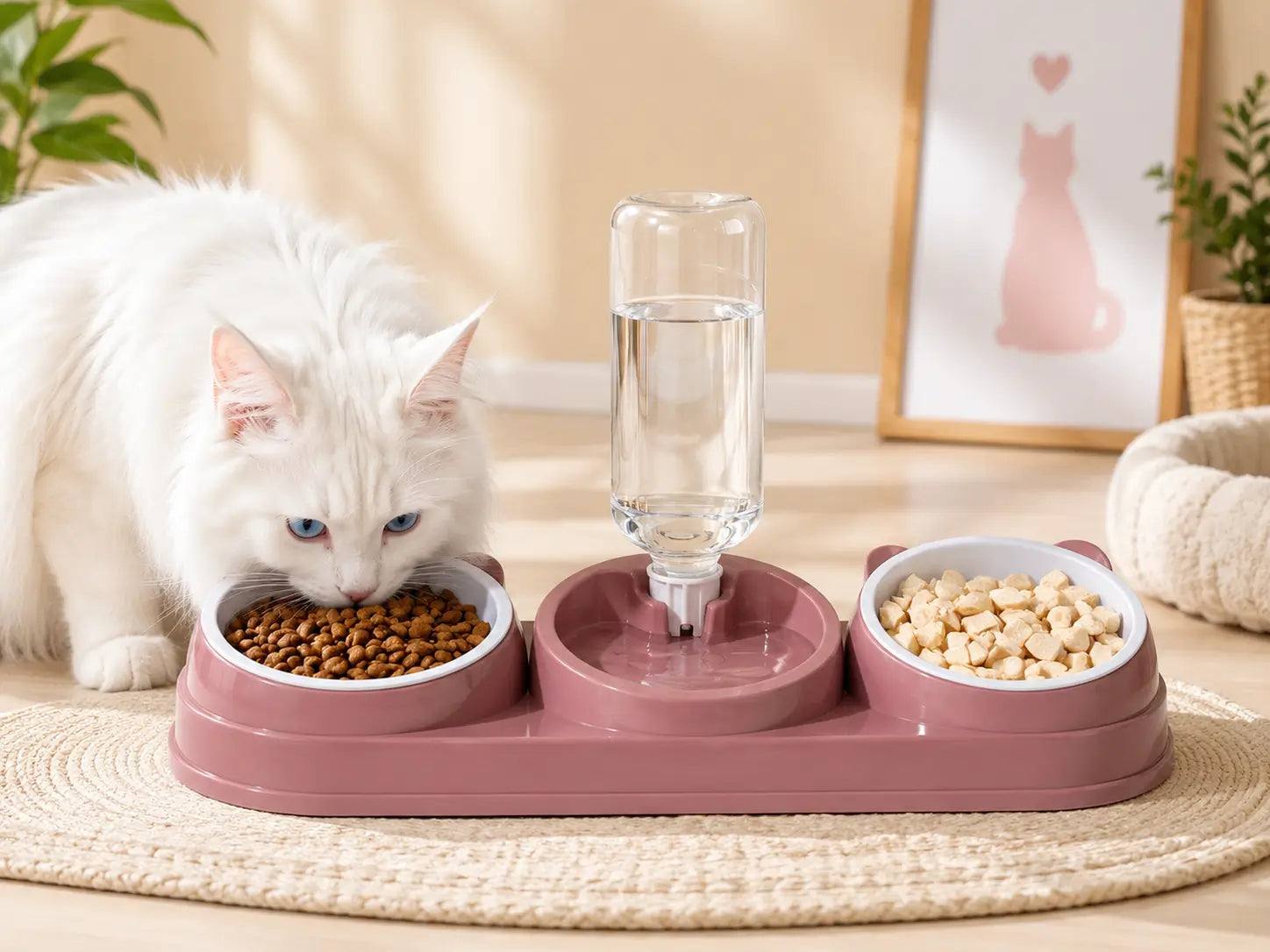 Gamelle chat avec distributeur d’eau 3 en 1 rose utilisée par un Maine Coon blanc pour les croquettes, l’eau fraîche et l’alimentation quotidienne dans un coin repas organisé