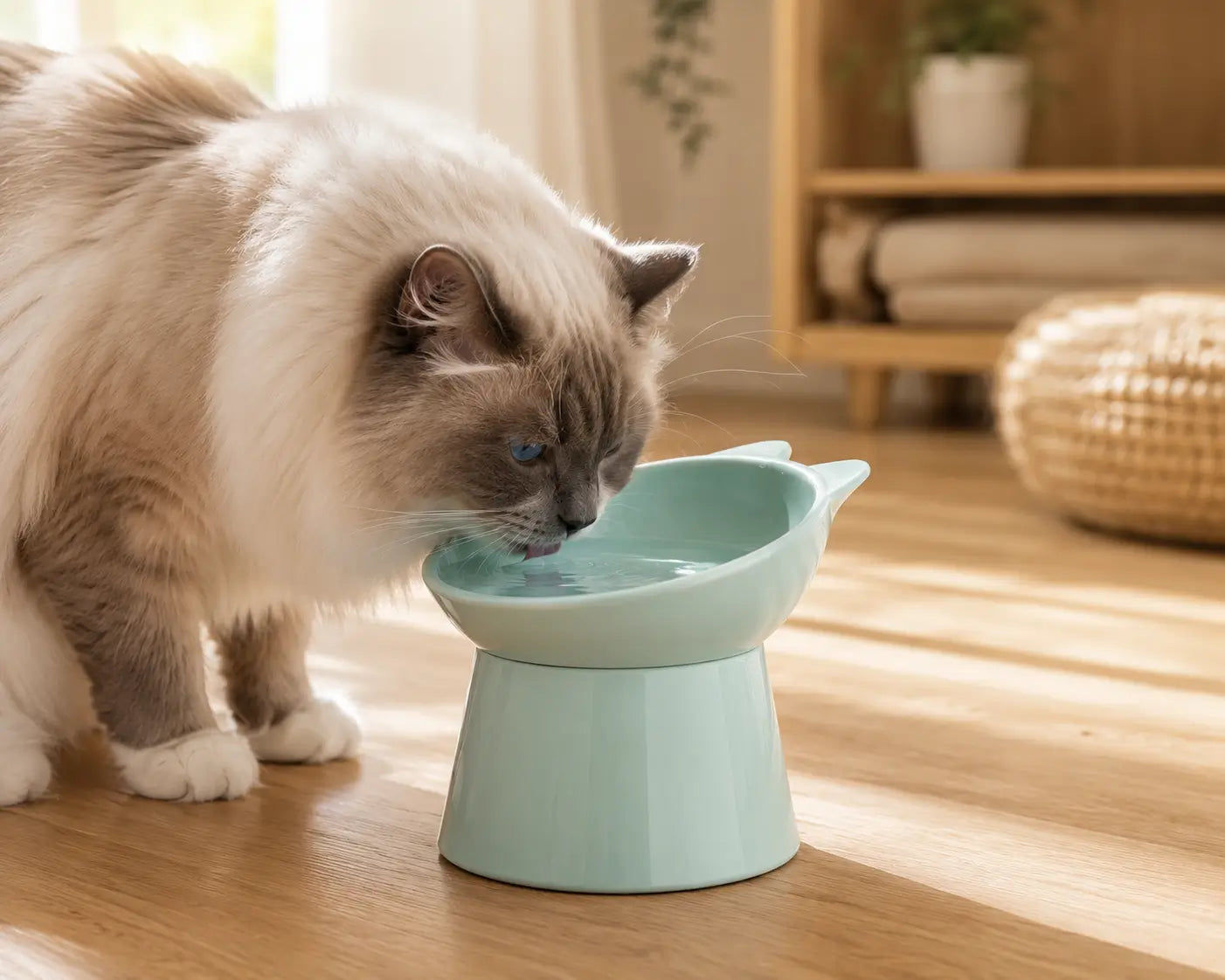 Gamelle chat surélevée bleue remplie d’eau pour Ragdoll aidant à boire dans une position plus naturelle et confortable
