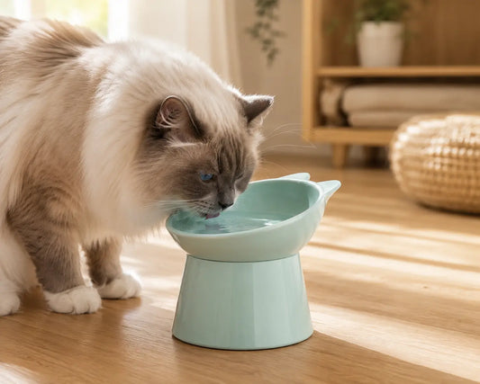 Gamelle chat surélevée bleue remplie d’eau pour Ragdoll aidant à boire dans une position plus naturelle et confortable