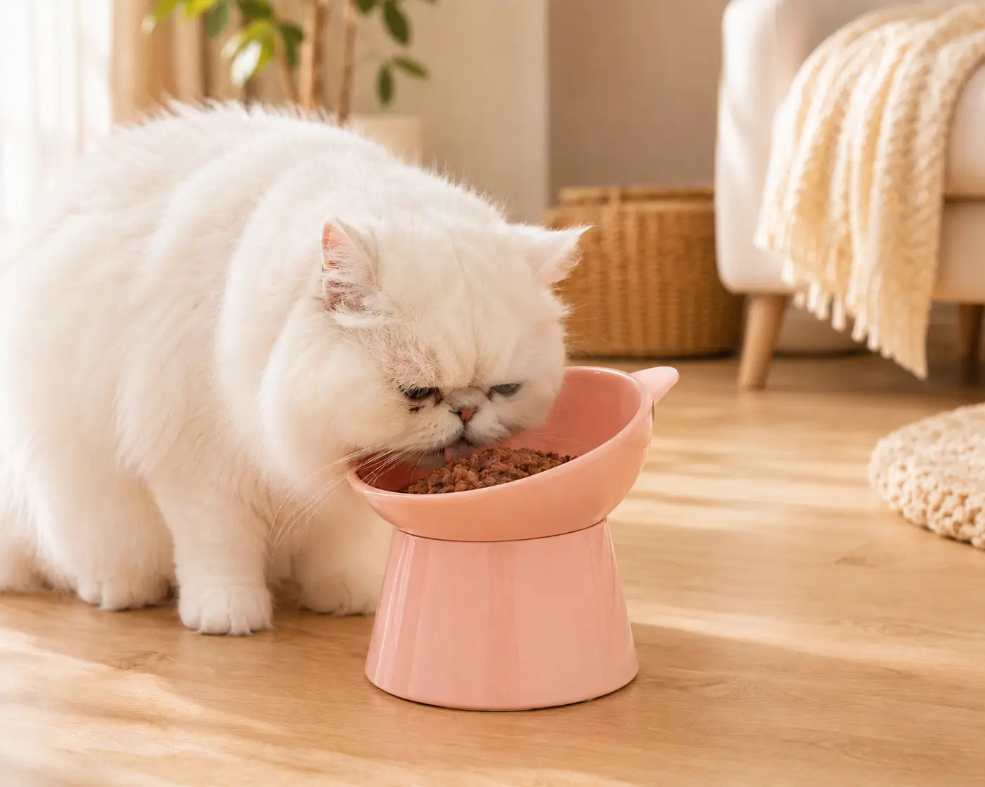 Gamelle chat surélevée rose pour chat Persan à face plate avec pâtée facilitant l’accès à la nourriture et préservant les moustaches
