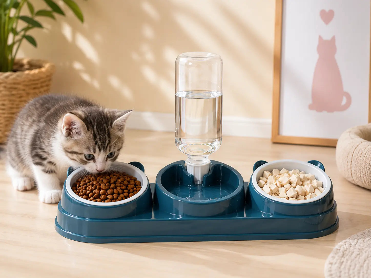 Gamelle chaton avec distributeur d’eau 3 en 1 bleu pétrole permettant de réunir croquettes, eau fraîche et nourriture dans un espace repas adapté aux jeunes chats