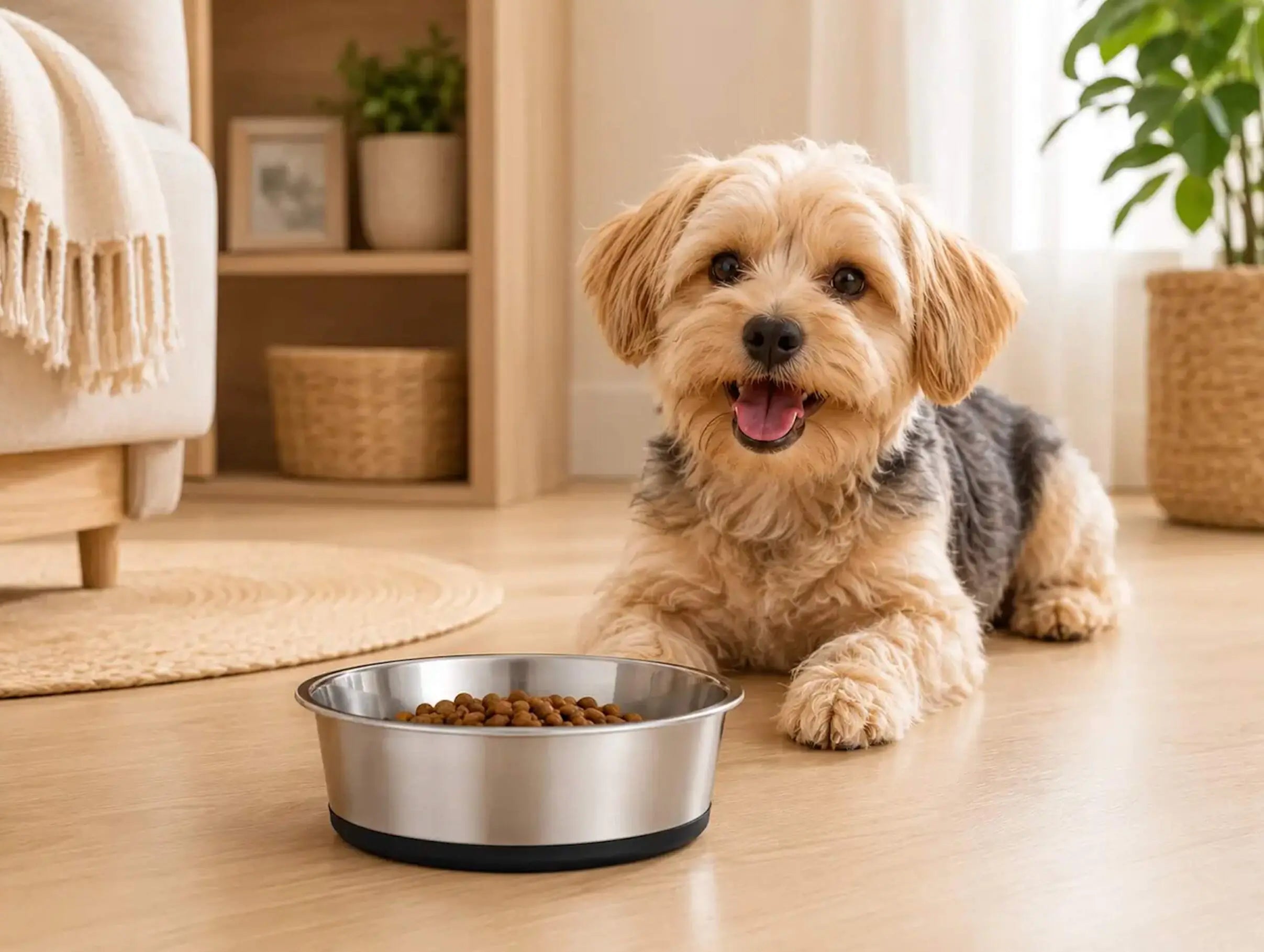 Gamelle chien inox anti-dérapante avec croquettes pour petit chien dans une maison cosy et propre