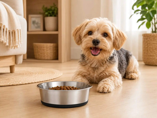 Gamelle chien inox anti-dérapante avec croquettes pour petit chien dans une maison cosy et propre