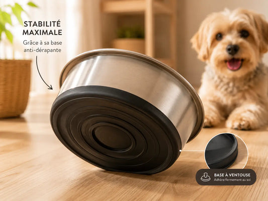 Base adhésive anti-dérapante sous une gamelle chien inox stable qui évite les glissements pendant les repas