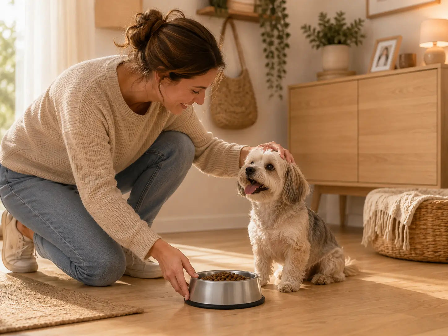 Femme caressant son petit chien devant une gamelle chien inox anti-dérapante dans un intérieur chaleureux