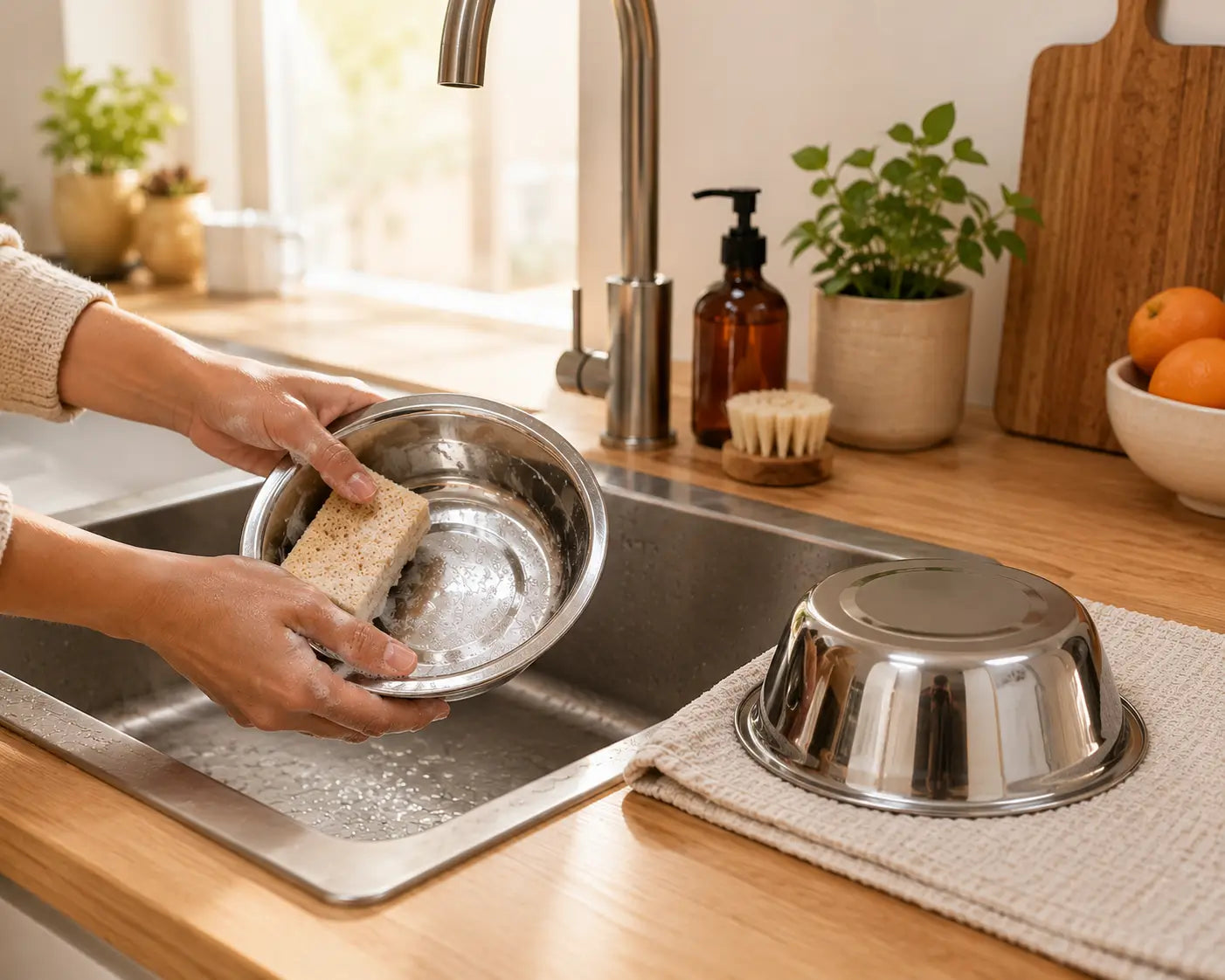 Nettoyage facile des bols inox d’une gamelle chien surélevée réglable dans une cuisine lumineuse avec acier inoxydable hygiénique.