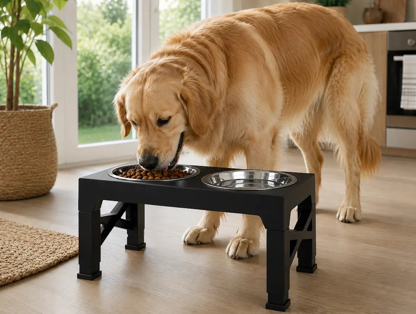 Gamelle chien surélevée réglable avec double bols inox aidant le chien à manger dans une posture confortable et naturelle dans une cuisine cosy.