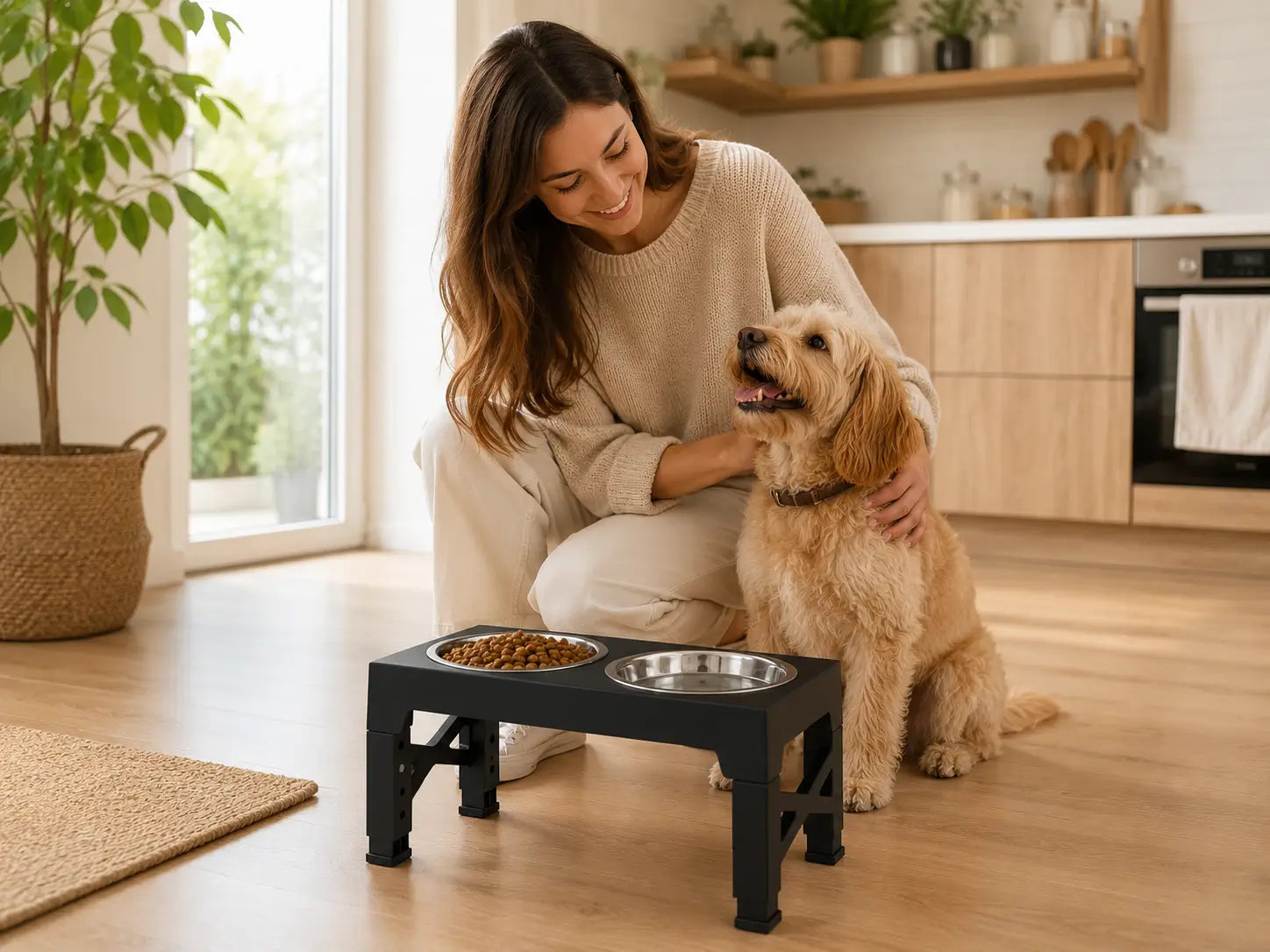Gamelle chien surélevée réglable avec 5 hauteurs ajustables pour petit, moyen et grand chien avec double bols inox ergonomiques.