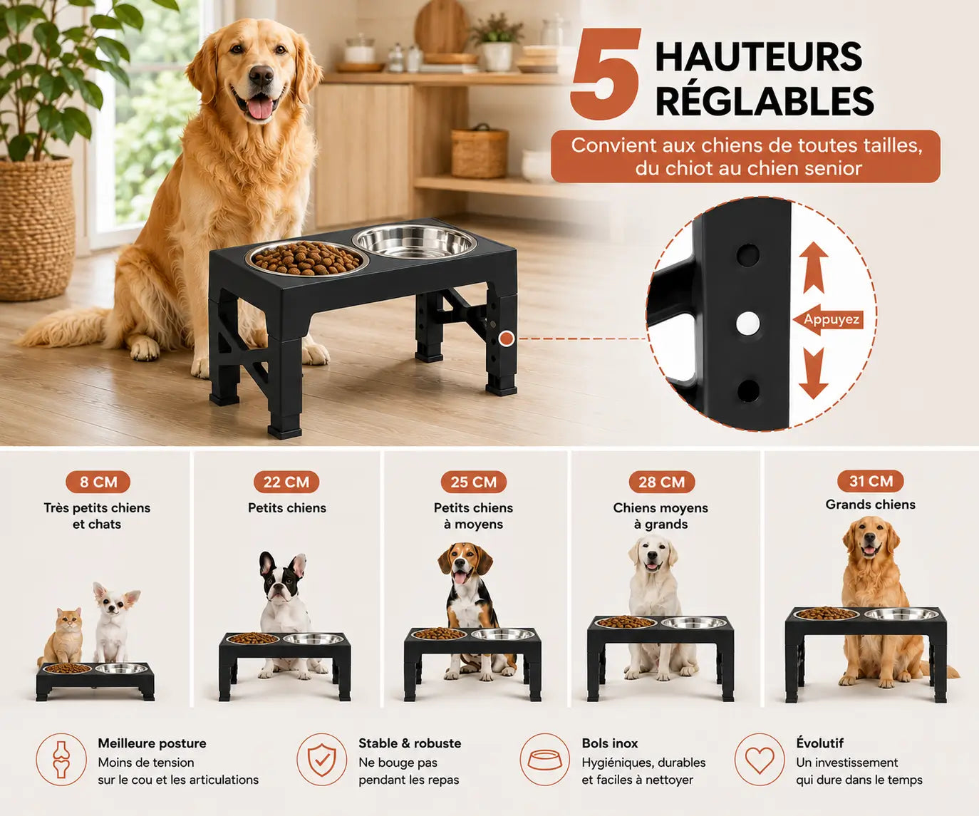 Femme avec son chien heureux à côté d’une gamelle chien surélevée réglable avec double bols inox dans une cuisine propre et chaleureuse.