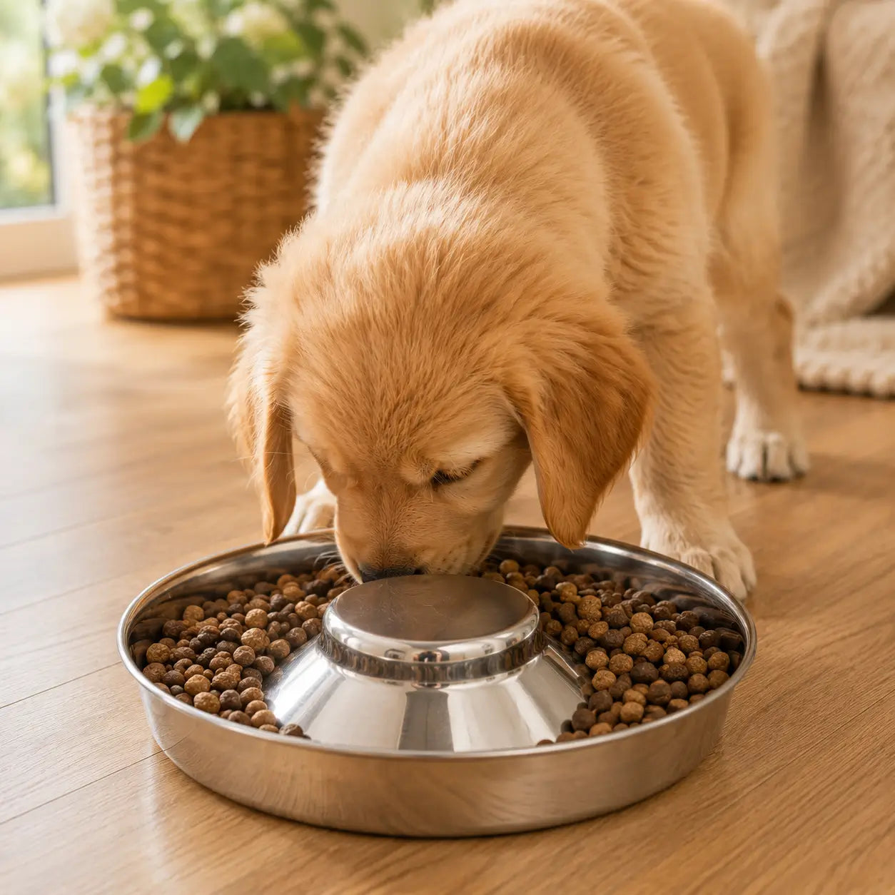 Chiot Golden Retriever mangeant dans une gamelle inox conçue pour un sevrage plus propre et plus serein