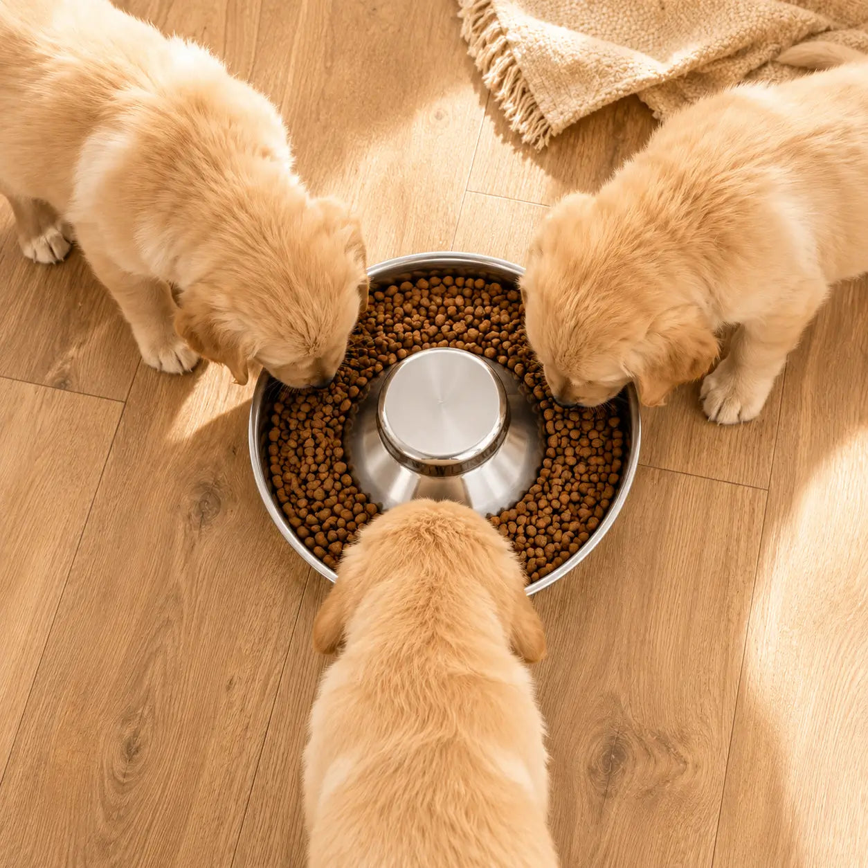 Vue du dessus d’une gamelle de sevrage permettant à plusieurs chiots de manger ensemble autour du même repas