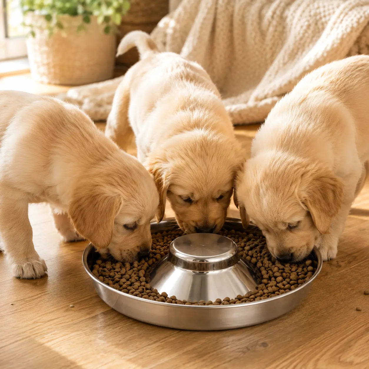 Portée de chiots Golden Retriever partageant une gamelle de sevrage pour leurs premiers repas solides