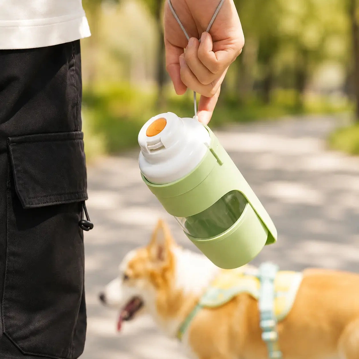 Gourde de voyage pour chien équipée d’une dragonne pratique permettant de la transporter facilement à la main pendant les promenades, randonnées et activités en extérieur 