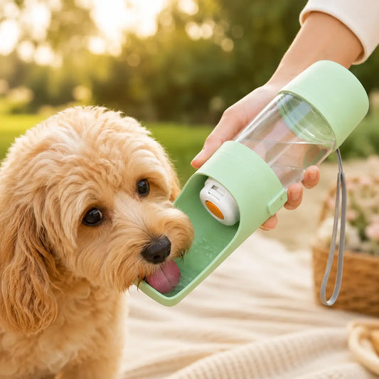 Petit chien qui s’hydrate facilement grâce à une gourde chien portable pendant une promenade. Solution pratique pour emporter de l’eau partout et éviter la déshydratation lors des sorties quotidiennes 