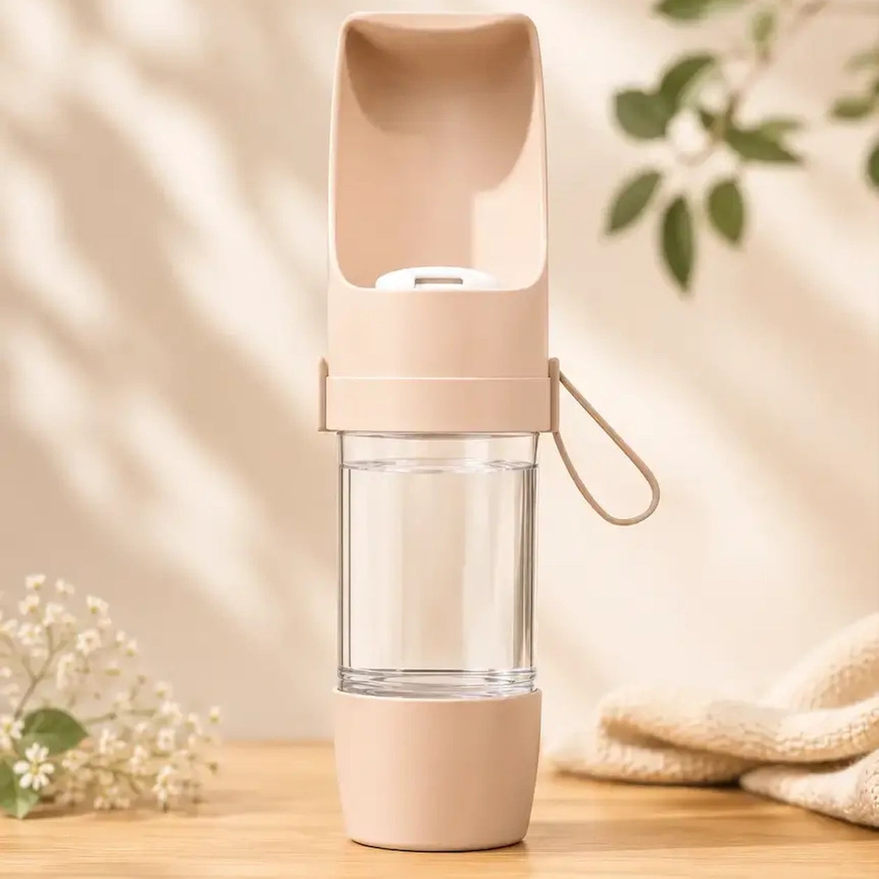 Gourde chien rose avec compartiment friandises et gamelle intégrée. Accessoire pratique pour transporter eau et récompenses lors des promenades, voyages et sorties avec son compagnon