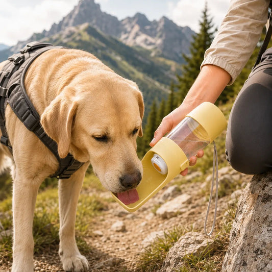 Labrador adulte qui boit dans une gourde de randonnée pour chien pendant une balade en montagne. Accessoire indispensable pour hydrater un grand chien lors des longues sorties en extérieur 