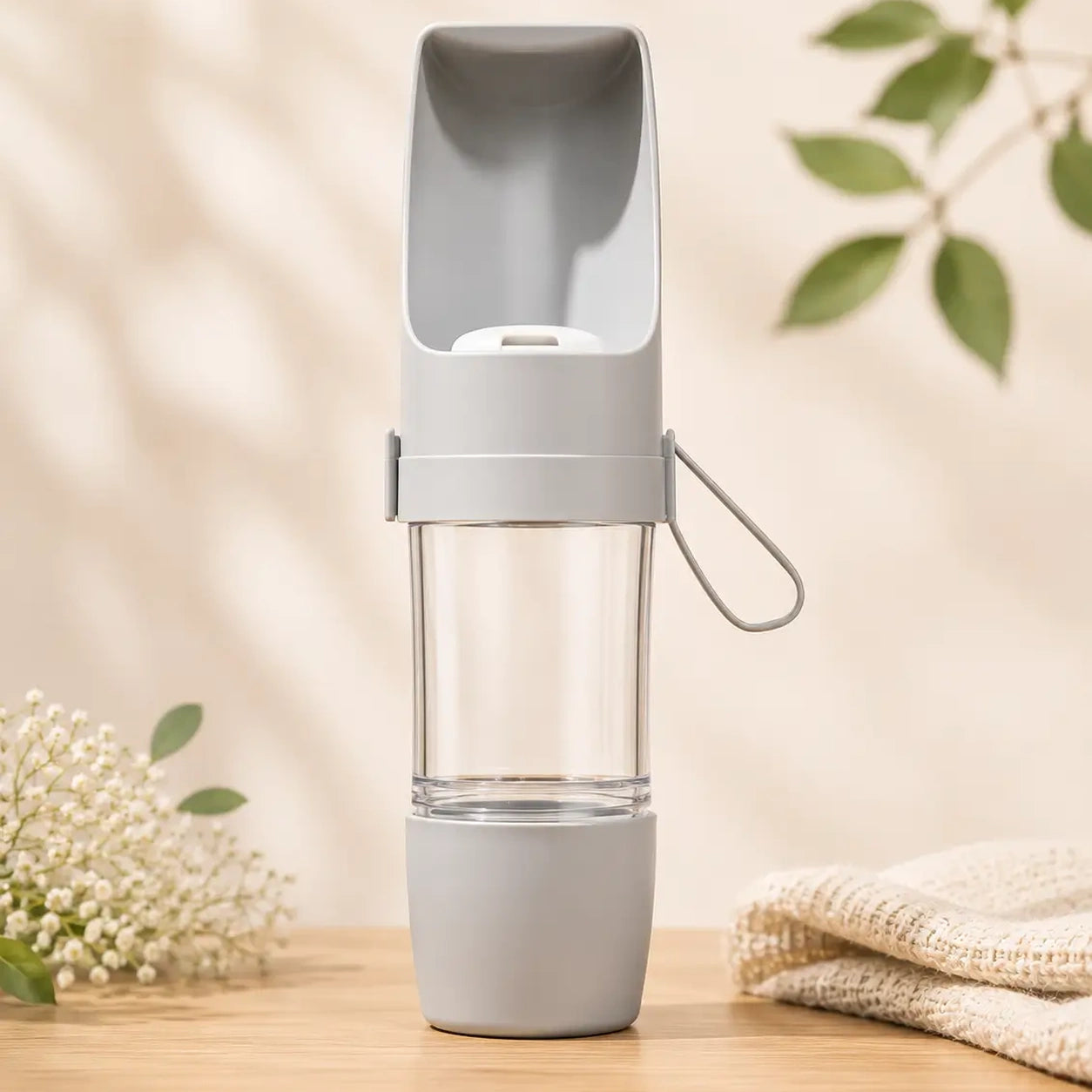 Gourde de voyage pour chien grise avec système anti-fuite, réservoir d’eau et compartiment friandises. Idéale pour les déplacements, balades et vacances avec son animal