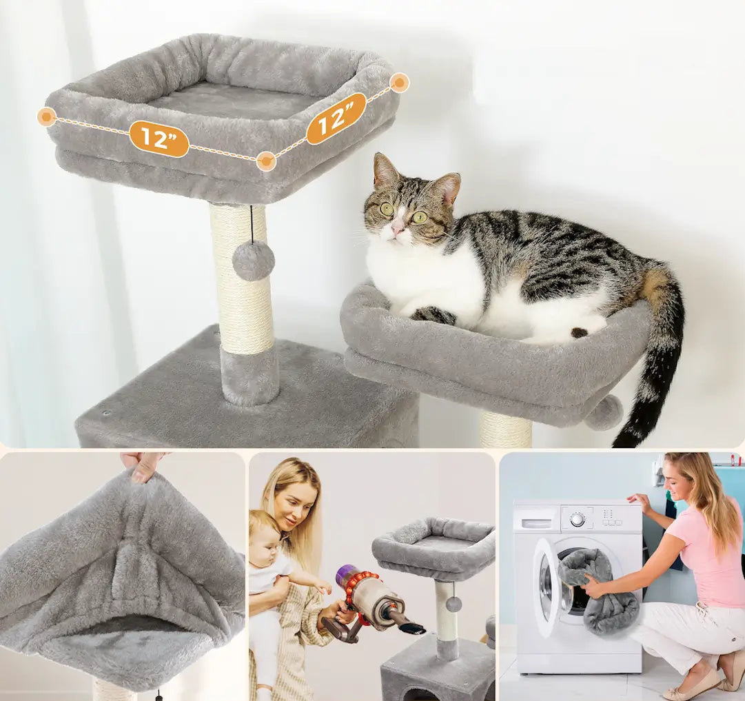 Grand arbre à chat facile à nettoyer avec housse détachable lavable en machine et entretien rapide à l’aspirateur, idéal pour appartements modernes.