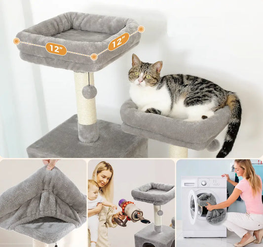 Grand arbre à chat facile à nettoyer avec housse détachable lavable en machine et entretien rapide à l’aspirateur, idéal pour appartements modernes.