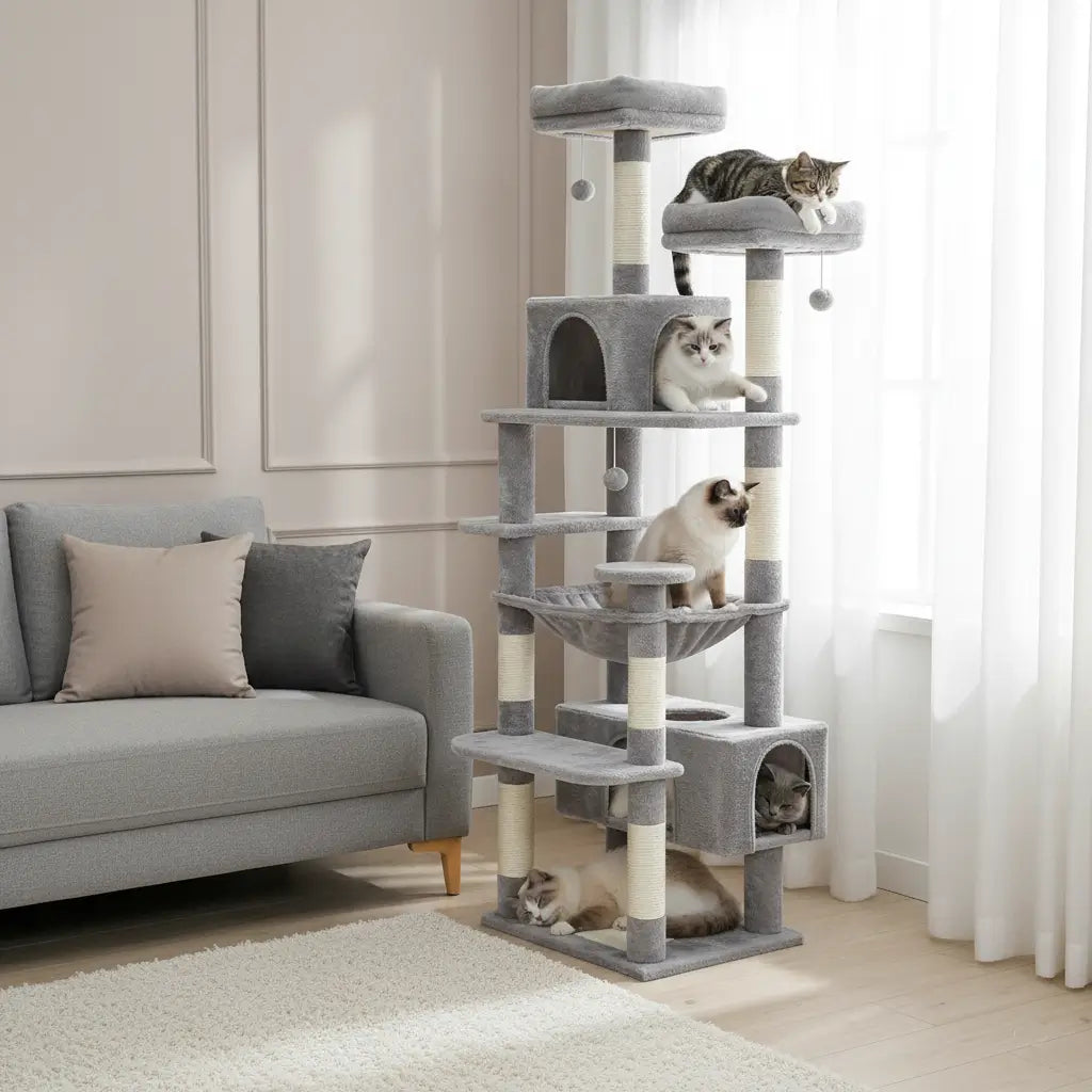 Grand arbre à chat gris stable multi-niveaux dans un salon cosy avec cinq chats jouant et se reposant, parfait pour appartements et foyers multi-chats.