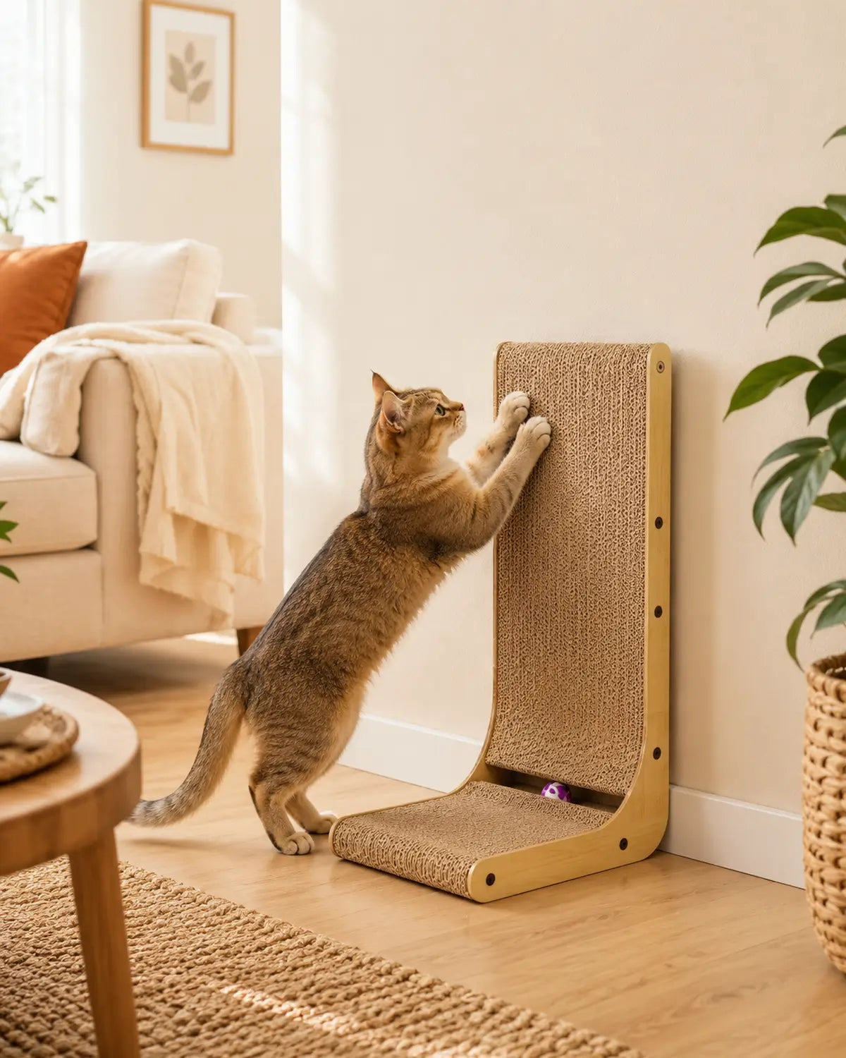 Petit chat utilisant un griffoir en forme de L pour faire ses griffes dans un appartement et aider à protéger le canapé et les meubles