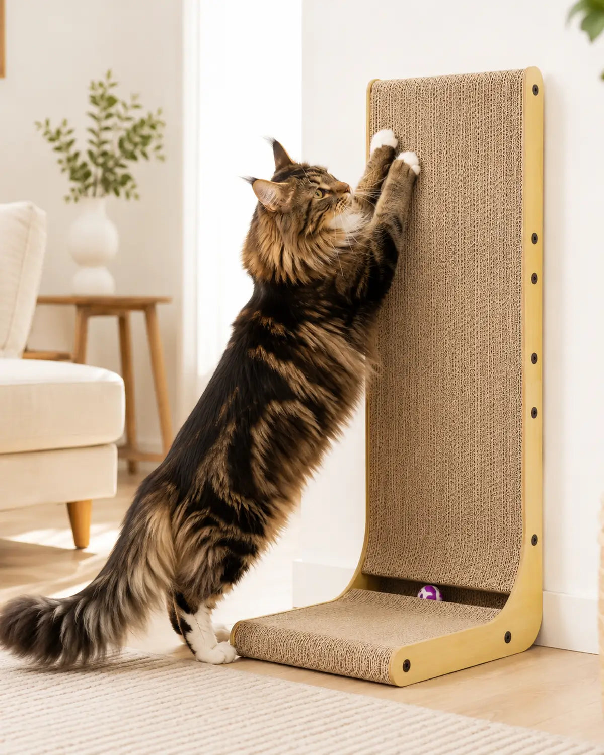 Grand chat Maine Coon utilisant un griffoir vertical de 68 cm pour s'étirer, griffer naturellement et préserver les meubles de la maison