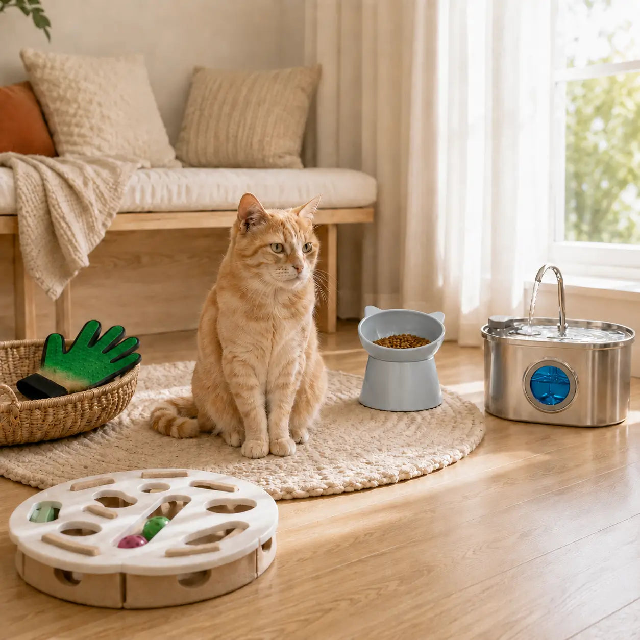 Chat senior près d’une gamelle surélevée, d’une fontaine à eau inox, d’un puzzle interactif et d’un gant de toilettage.