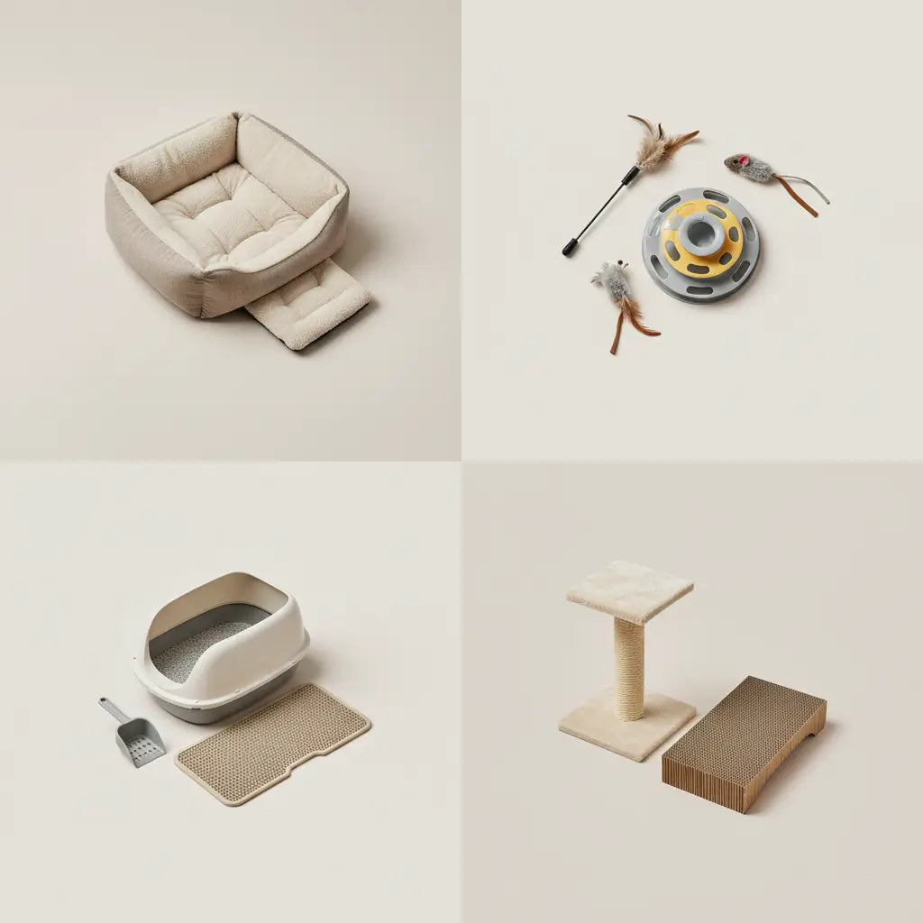 Guide visuel des accessoires pour chaton avec couchage, kit litière, jouets éducatifs et griffoir